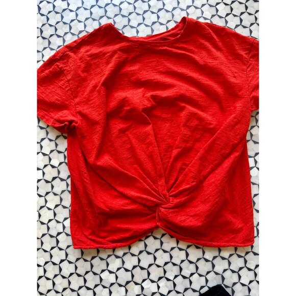 A New Day Orange Red Twist Front Tee Medium 100% Cotton Short Sleeve Top Elastic - Picture 2 of 8